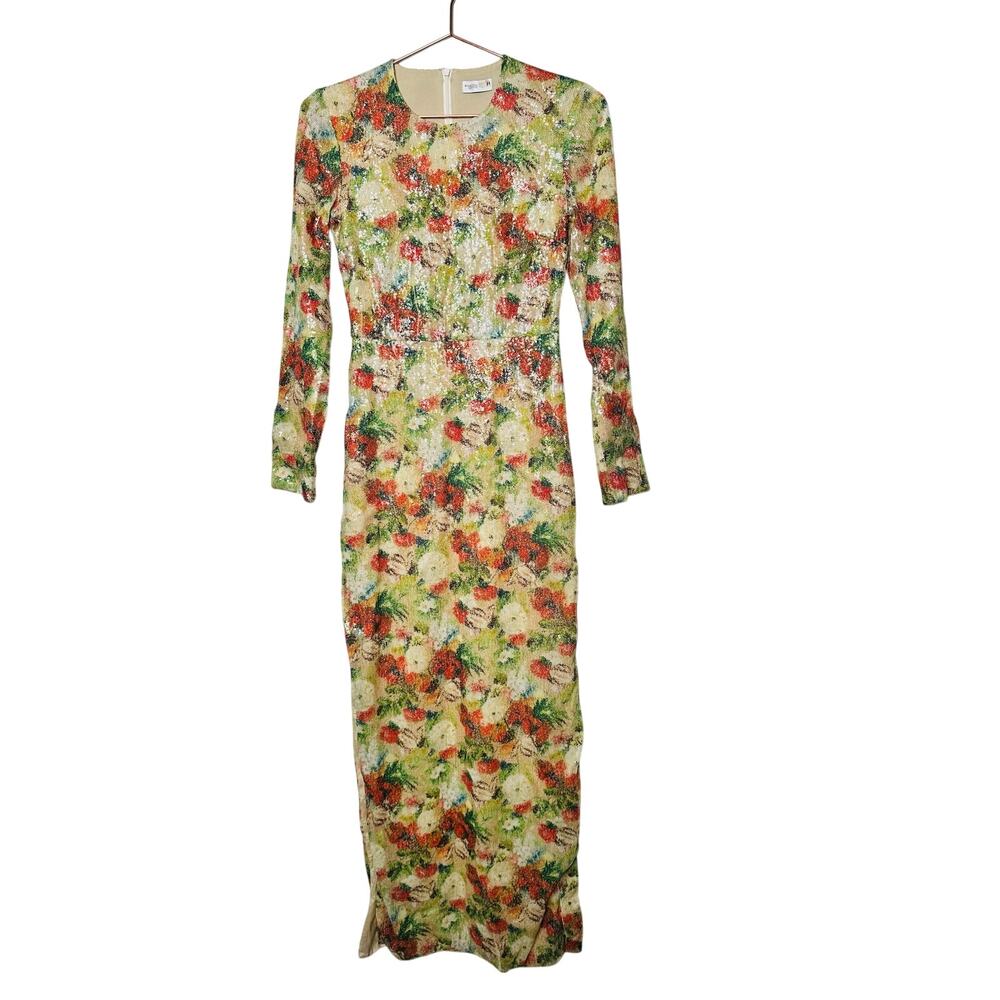 ROSETTA GETTY Multicolored Floral Crepe De Chine Sequin Long Sleeve Gown Size 0 - Picture 5 of 16